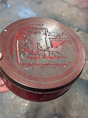 Decorative Red Vintage Style Tin with Embossed Carriage Scene